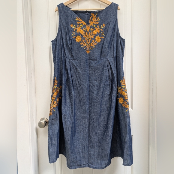 Wayward Fancies By eShakti Blue Denim Dress with Yellow Golden Embroidery - Picture 1 of 7
